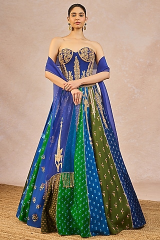 Blue & Green Raw Silk Printed & Bagh Motif Embroidered Lehenga Set by Masaba