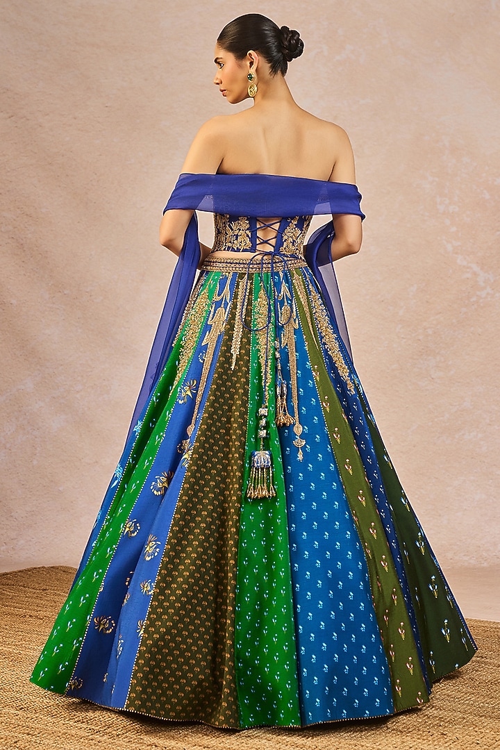 Blue & Green Raw Silk Printed & Bagh Motif Embroidered Bridal Lehenga Set by Masaba at Pernia's Pop Up Shop
