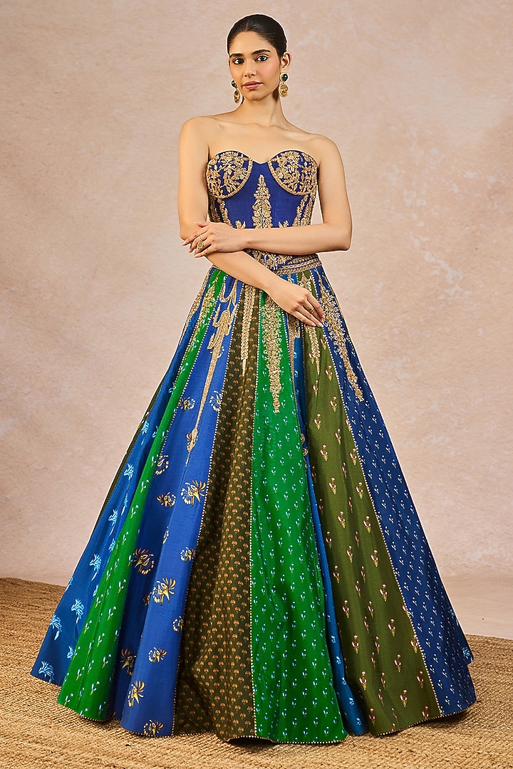 Blue & Green Raw Silk Printed & Bagh Motif Embroidered Bridal Lehenga Set by Masaba at Pernia's Pop Up Shop