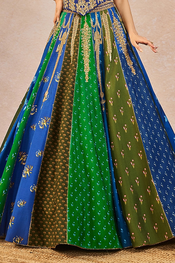 Blue & Green Raw Silk Printed & Bagh Motif Embroidered Bridal Lehenga Set by Masaba at Pernia's Pop Up Shop