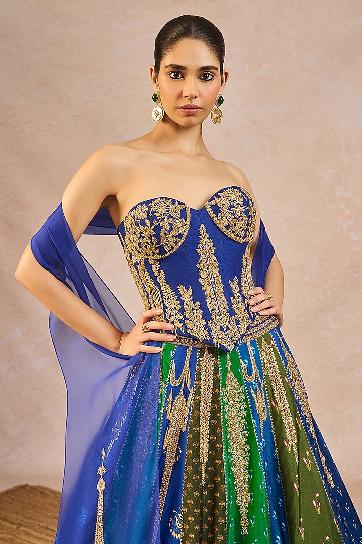 Blue & Green Raw Silk Printed & Bagh Motif Embroidered Bridal Lehenga Set by Masaba at Pernia's Pop Up Shop