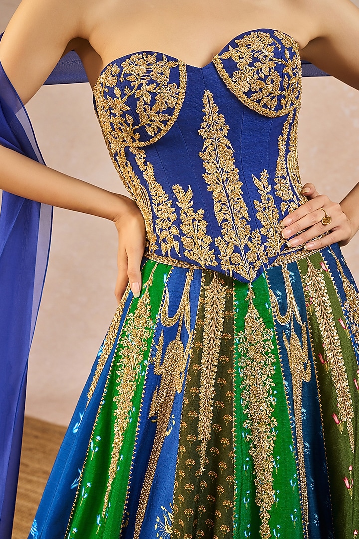 Blue & Green Raw Silk Printed & Bagh Motif Embroidered Bridal Lehenga Set by Masaba at Pernia's Pop Up Shop