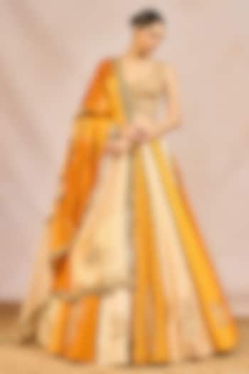 Mustard Raw Silk Bagh Motif Embroidered Bridal Lehenga Set by Masaba at Pernia's Pop Up Shop