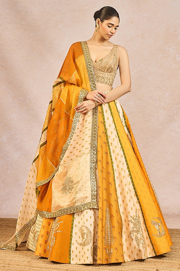 Mustard Raw Silk Bagh Motif Embroidered Bridal Lehenga Set by Masaba at Pernia's Pop Up Shop