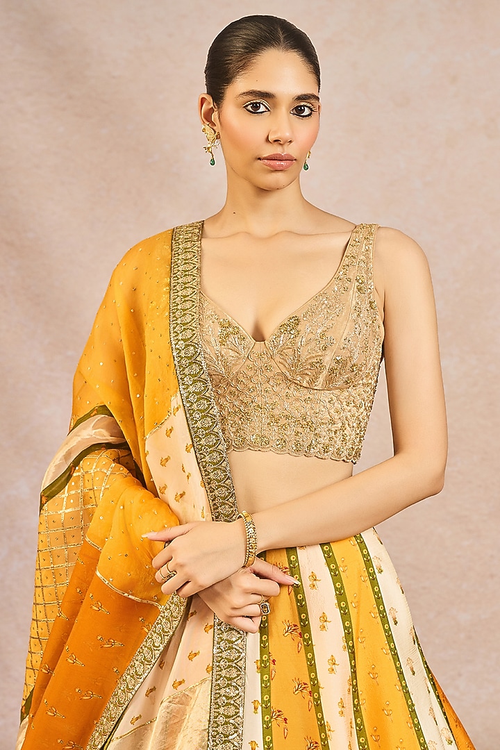 Mustard Raw Silk Bagh Motif Embroidered Bridal Lehenga Set by Masaba at Pernia's Pop Up Shop