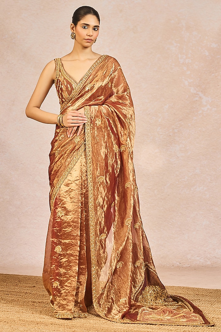 Rust Tissue Paankh Bagh Motif Embroidered Reception Saree Set by Masaba at Pernia's Pop Up Shop