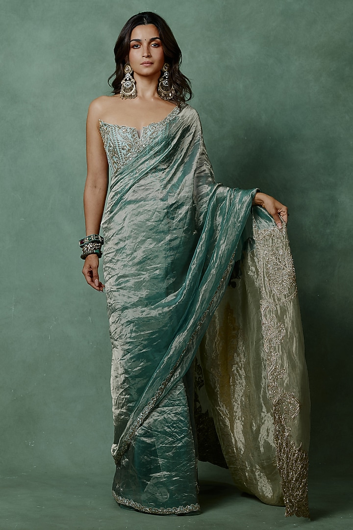Blue Tissue Zari Embroidered Bridal Saree Set by Masaba at Pernia's Pop Up Shop
