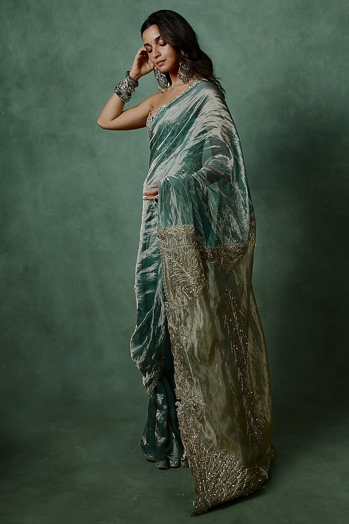 Blue Tissue Zari Embroidered Bridal Saree Set by Masaba at Pernia's Pop Up Shop