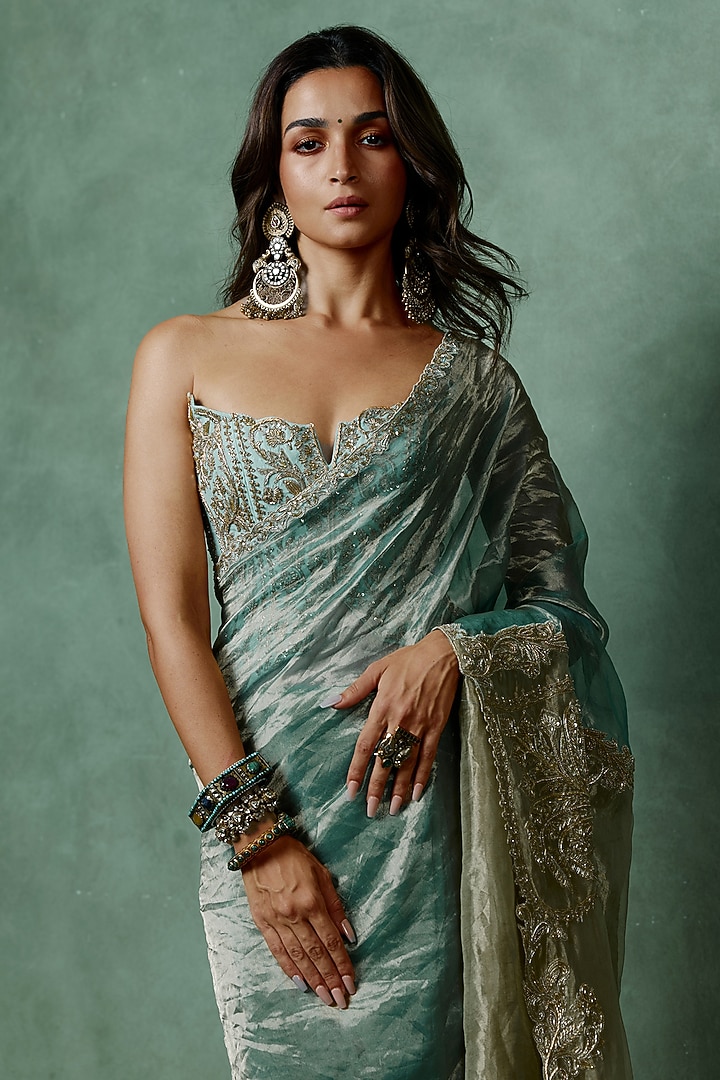 Blue Tissue Zari Embroidered Bridal Saree Set by Masaba at Pernia's Pop Up Shop