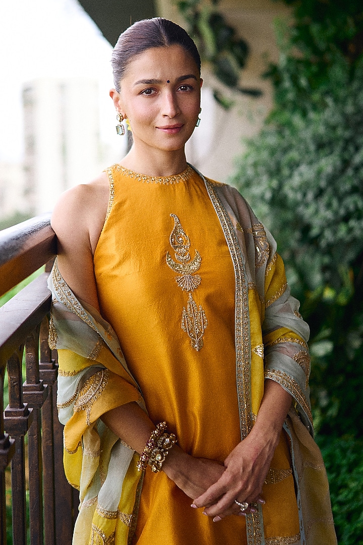 Rust Yellow Silk Dori & Sequins Embroidered Kurta Set by Masaba at Pernia's Pop Up Shop