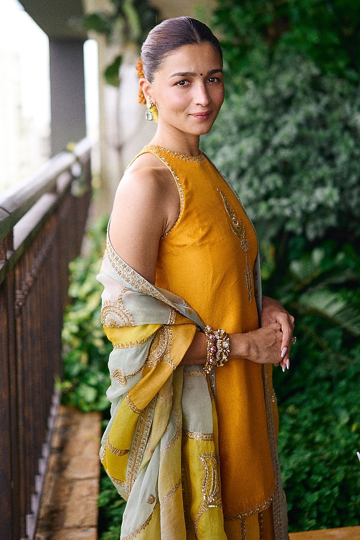 Rust Yellow Silk Dori & Sequins Embroidered Kurta Set by Masaba at Pernia's Pop Up Shop