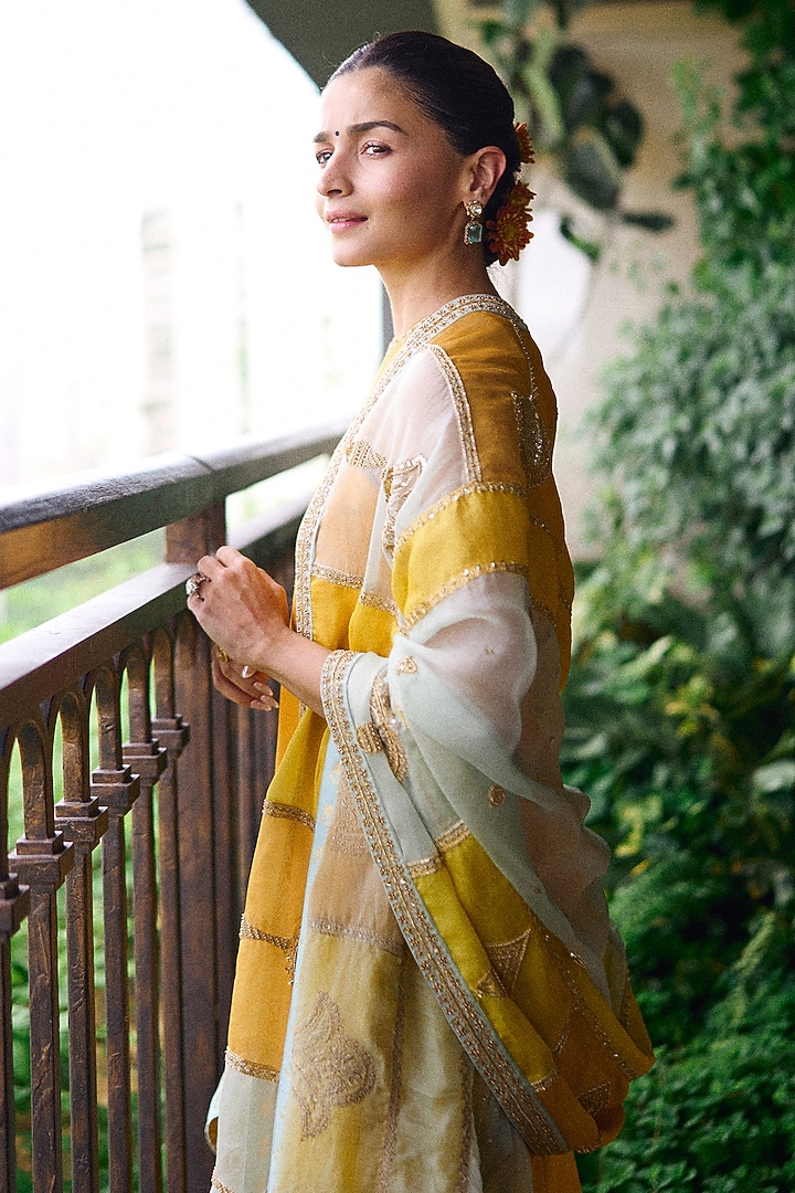 Rust Yellow Silk Dori & Sequins Embroidered Kurta Set by Masaba at Pernia's Pop Up Shop