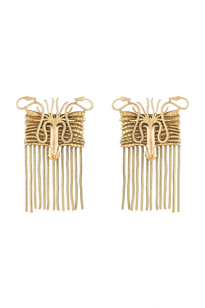 Gold Finish House of Greyjoy Tassel Drop Earrings by Masaba at Pernia's Pop Up Shop