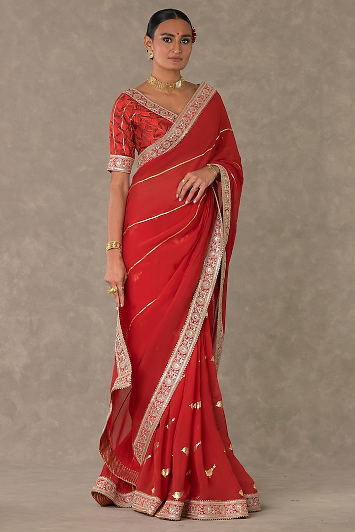 Red Lovebird Organza Gold Foil Printed Saree Set by Masaba at Pernia's Pop Up Shop