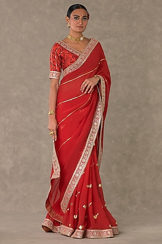 Red Lovebird Organza Gold Foil Printed Saree Set by Masaba