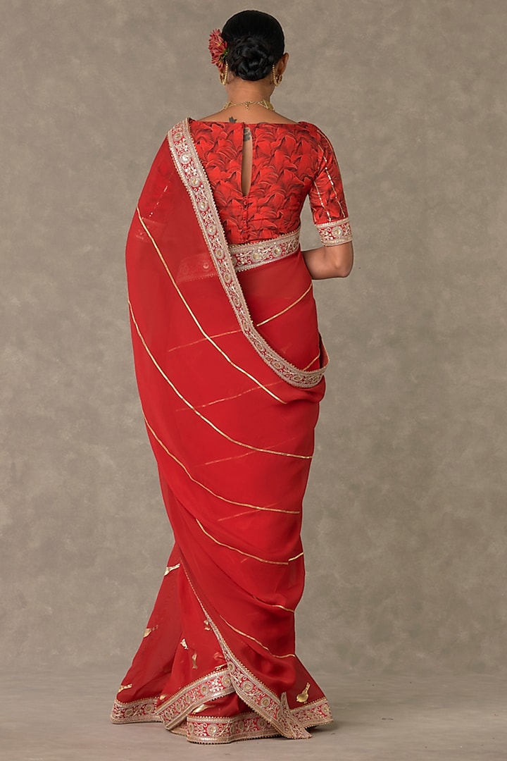 Red Lovebird Organza Gold Foil Printed Party Wear Saree Set by Masaba at Pernia's Pop Up Shop