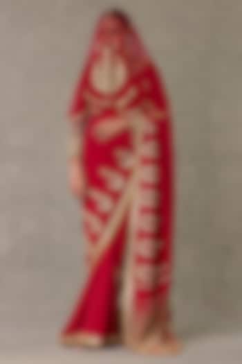 Red Son-Patti Crepe Silk Motif Embroidered Saree Set by Masaba