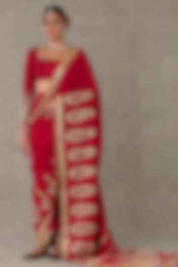Red Son Patti Crepe Silk Motif Embroidered Saree Set by Masaba