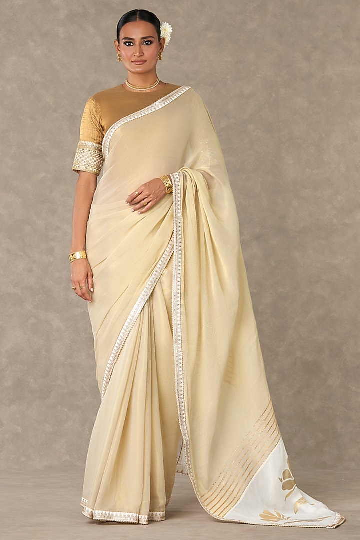 Ivory Wine Garden Gold Foil Printed Party Wear Saree Set by Masaba at Pernia's Pop Up Shop