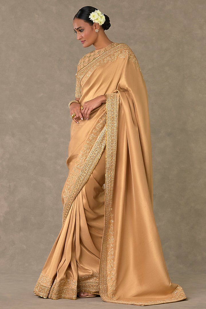 Beige Madakal-Chidiya Dupion Silk Embroidered Reception Saree Set by Masaba at Pernia's Pop Up Shop