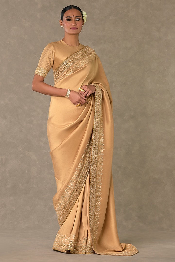 Beige Madakal-Chidiya Dupion Silk Embroidered Reception Saree Set by Masaba at Pernia's Pop Up Shop