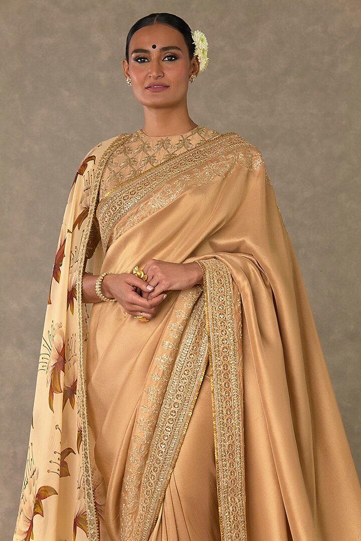 Beige Madakal-Chidiya Dupion Silk Embroidered Reception Saree Set by Masaba at Pernia's Pop Up Shop
