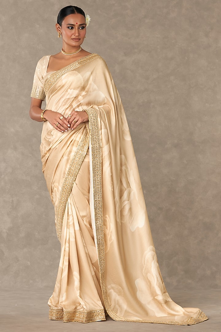 Beige Raw Silk Digital Printed Saree Set by Masaba