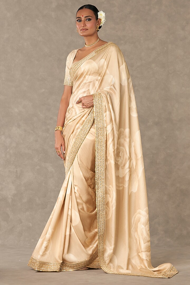Beige Raw Silk Digital Printed Wedding Saree Set by Masaba at Pernia's Pop Up Shop