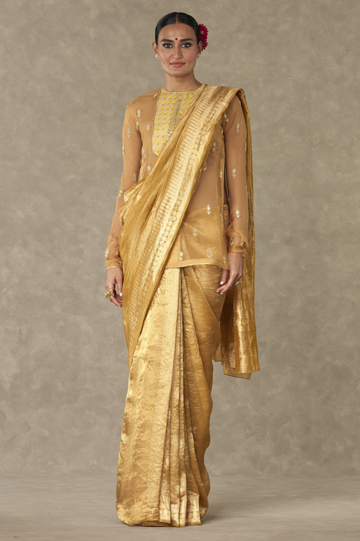 Golden Yellow Sunheri Tissue Wedding Saree Set by Masaba at Pernia's Pop Up Shop