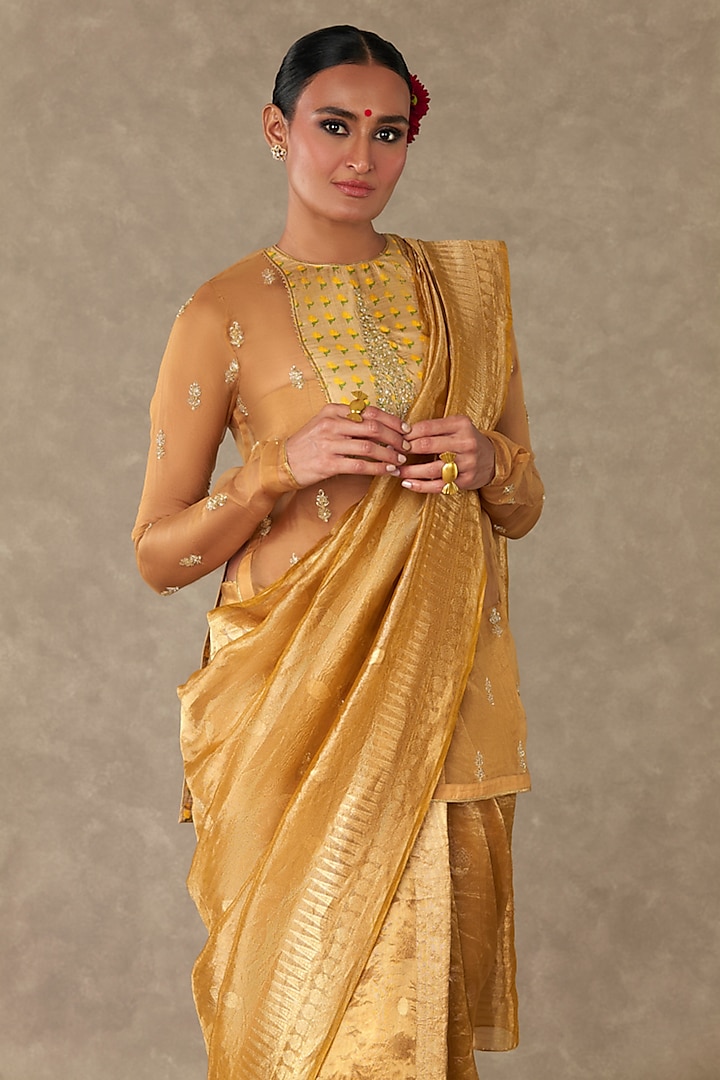 Golden Yellow Sunheri Tissue Reception Saree Set by Masaba at Pernia's Pop Up Shop