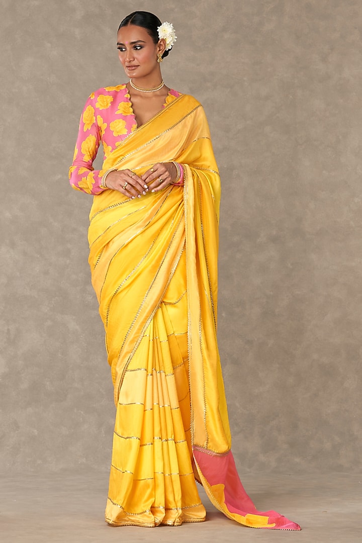 Yellow & Pink Raw Silk Embellished Wedding Saree Set by Masaba at Pernia's Pop Up Shop