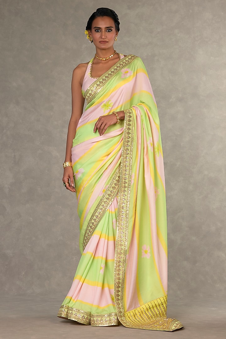 Mint & Baby Pink Raw Silk Digital Printed Saree Set by Masaba at Pernia's Pop Up Shop