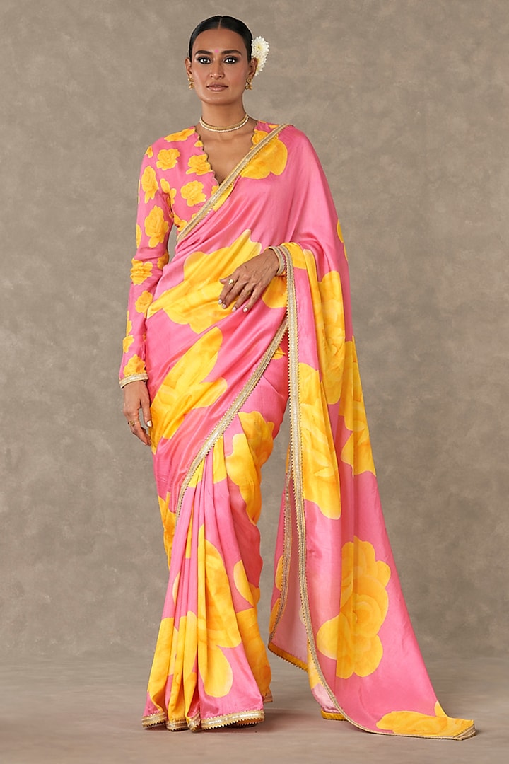 Pink Gulaab Raw Silk Digital Printed Saree Set by Masaba