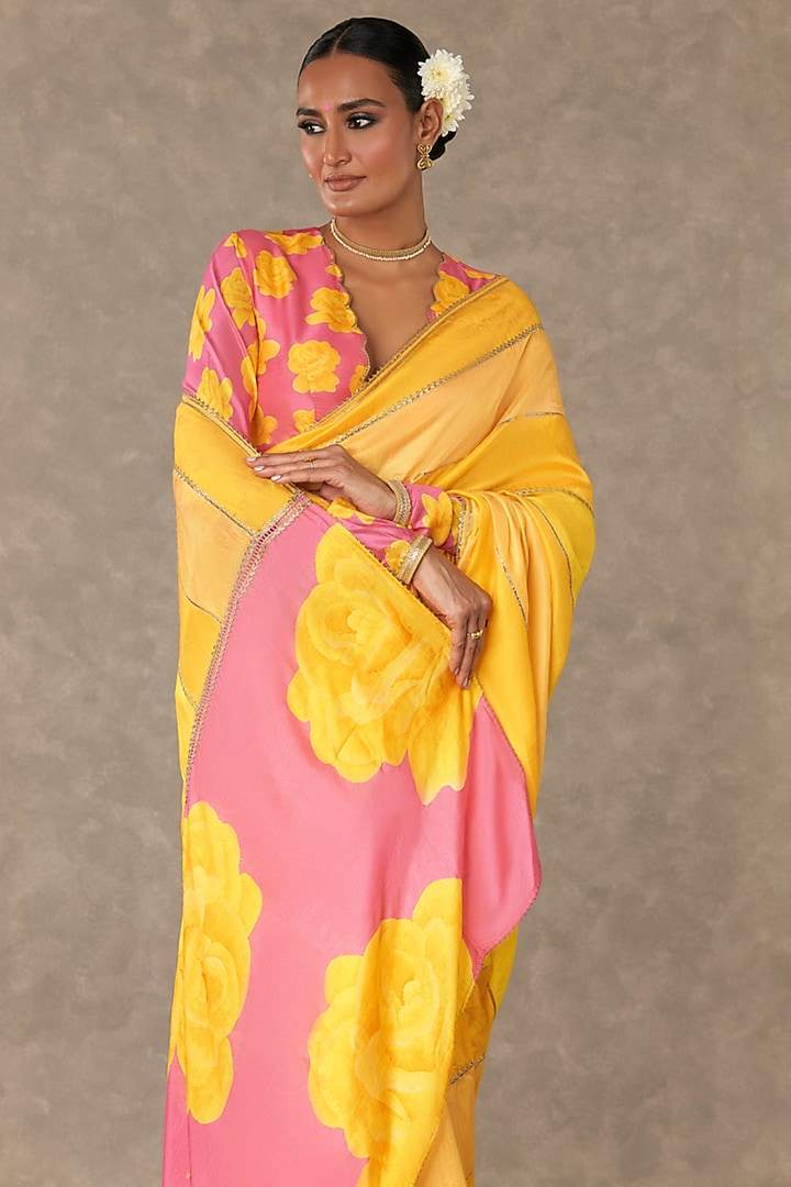 Pink Gulaab Raw Silk Digital Printed Party Wear Saree Set by Masaba at Pernia's Pop Up Shop