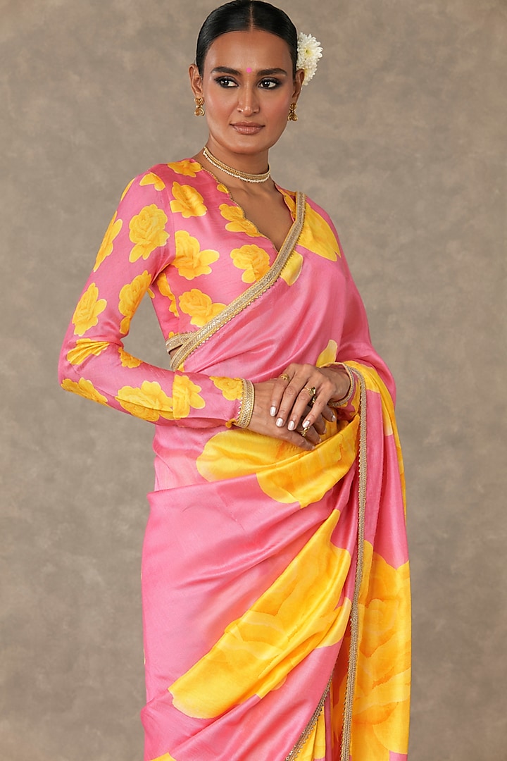 Pink Gulaab Raw Silk Digital Printed Party Wear Saree Set by Masaba at Pernia's Pop Up Shop