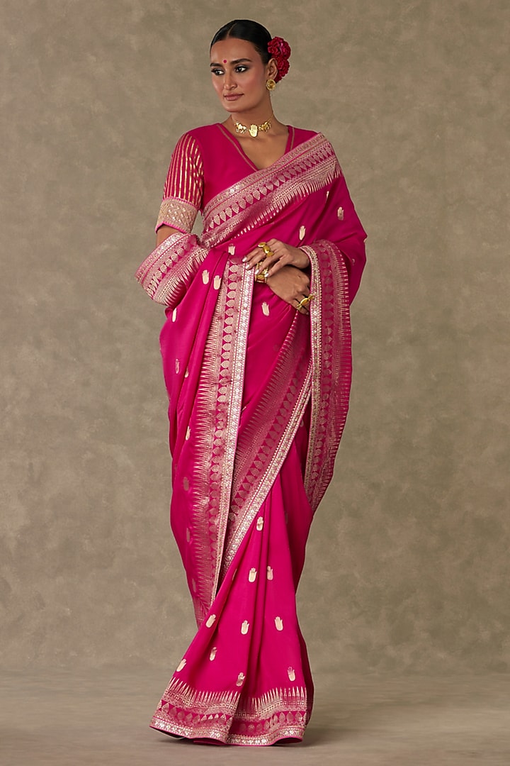 Magenta Haath Phool Jacquard Silk Embroidered Saree Set by Masaba