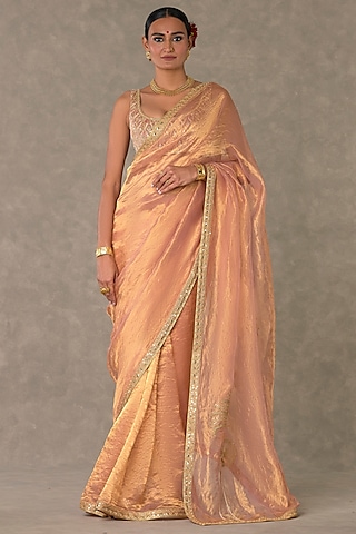 Peach Tissue Dori Embroidered Saree Set by Masaba