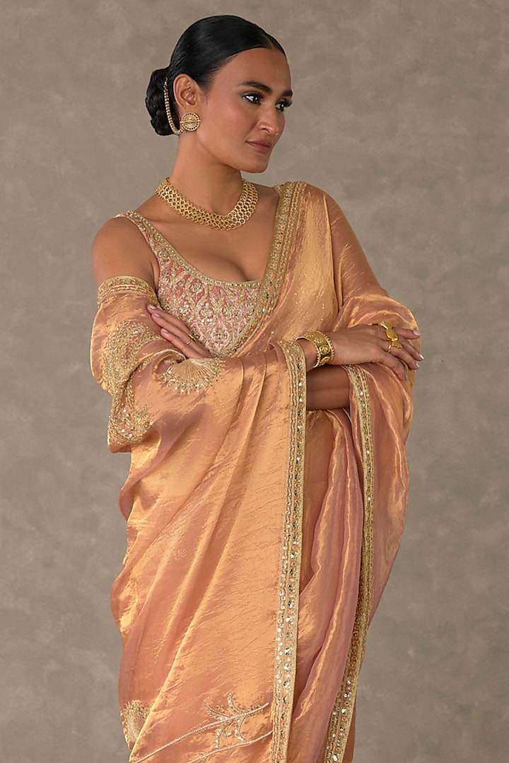 Peach Tissue Dori Embroidered Wedding Saree Set by Masaba at Pernia's Pop Up Shop