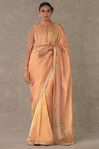 Peach Tissue Dori Embroidered Saree Set by Masaba