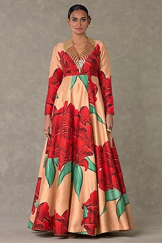 Salmon Raw Silk Digital Printed Gown by Masaba