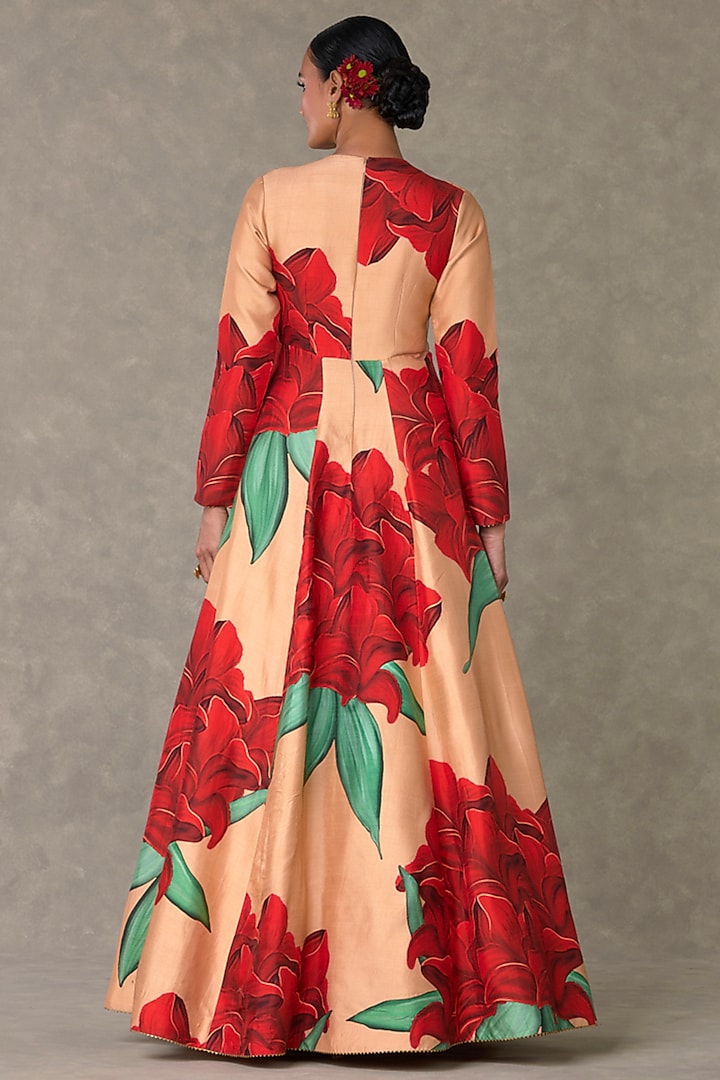 Salmon Raw Silk Digital Printed Engagement Gown by Masaba at Pernia's Pop Up Shop