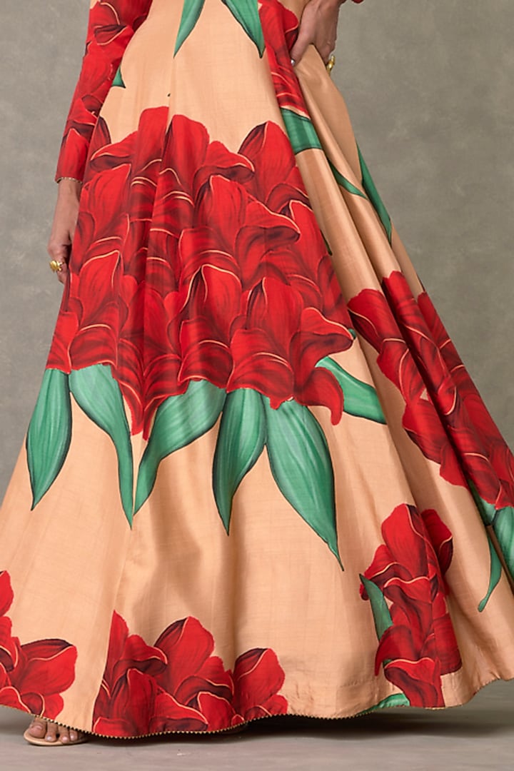 Salmon Raw Silk Digital Printed Engagement Gown by Masaba at Pernia's Pop Up Shop