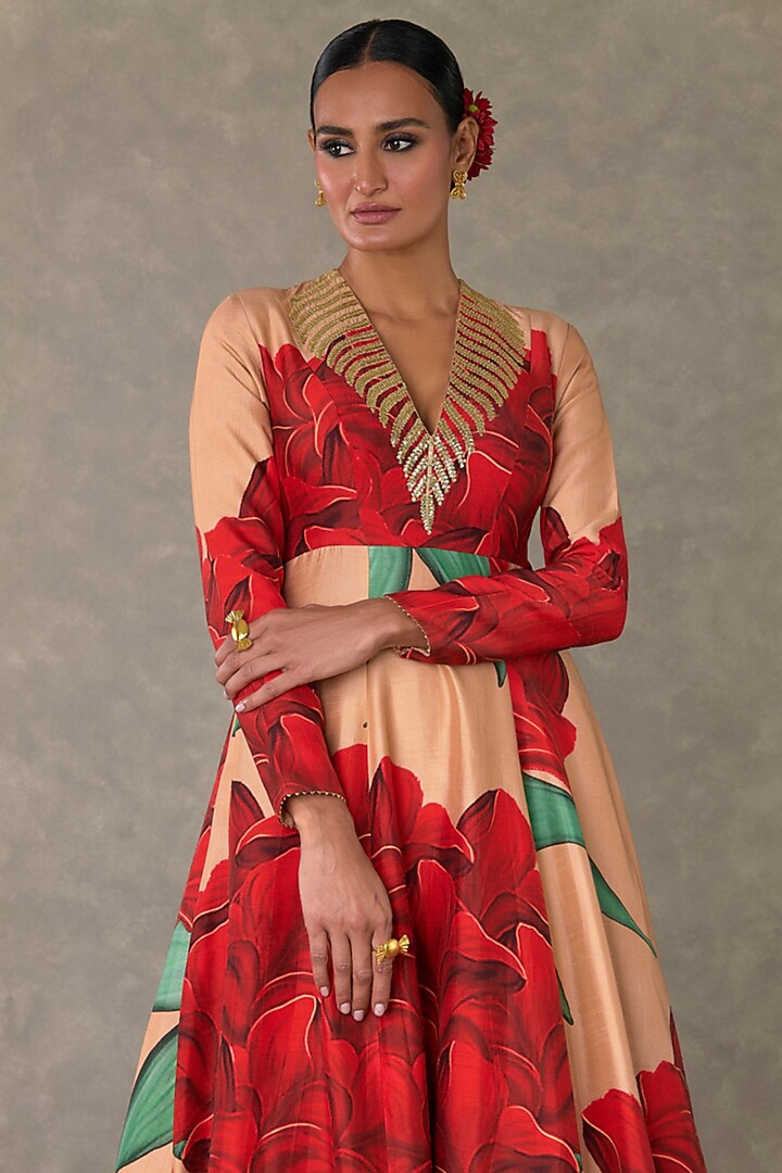 Salmon Raw Silk Digital Printed Engagement Gown by Masaba at Pernia's Pop Up Shop