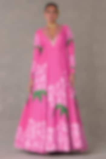 Gulaab Pink Raw Silk Placement Printed Gown by Masaba at Pernia's Pop Up Shop