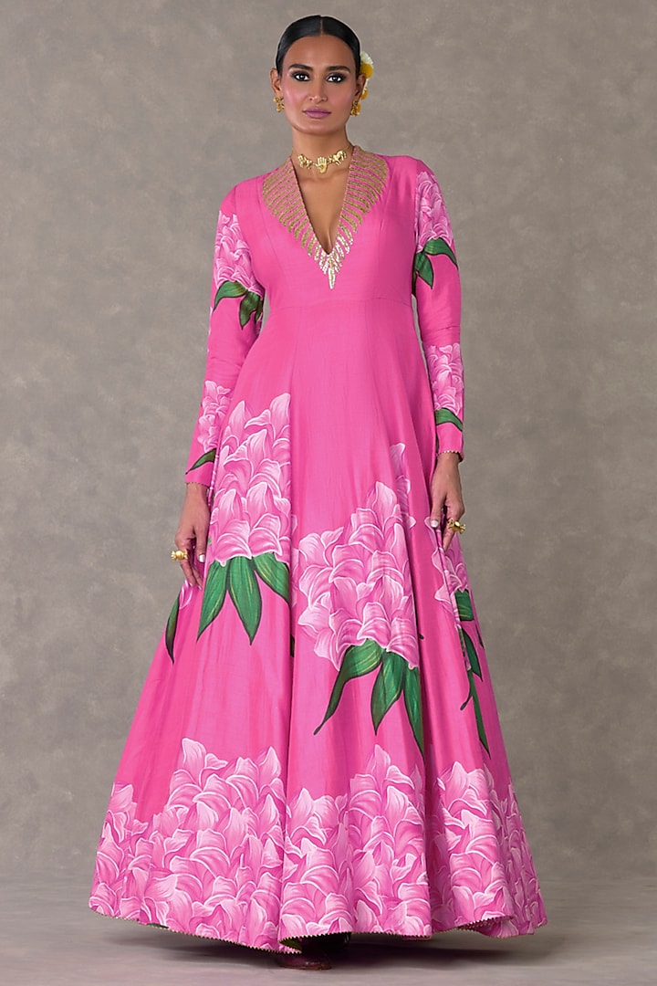 Gulaab Pink Raw Silk Placement Printed Gown by Masaba at Pernia's Pop Up Shop