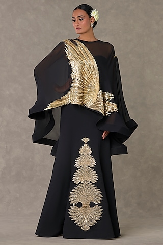 Black Textured Knit Sitara Embroidered Gown With Cape by Masaba