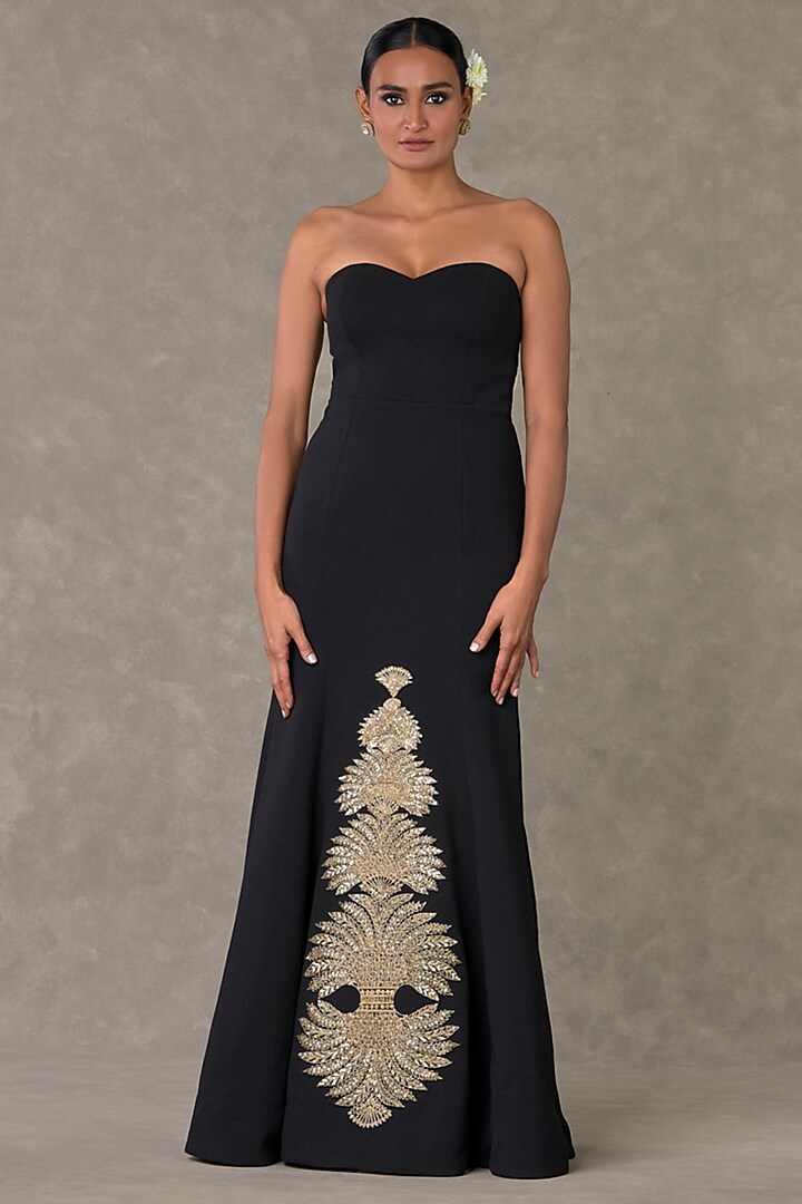 Black Textured Knit Sitara Embroidered Wedding Gown With Cape by Masaba at Pernia's Pop Up Shop