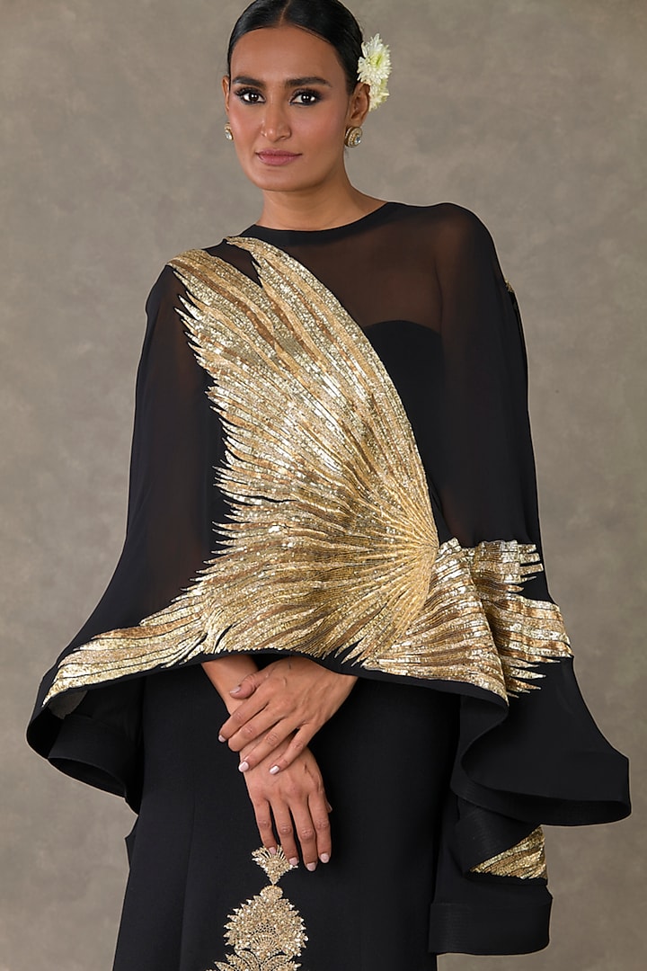 Black Textured Knit Sitara Embroidered Wedding Gown With Cape by Masaba at Pernia's Pop Up Shop