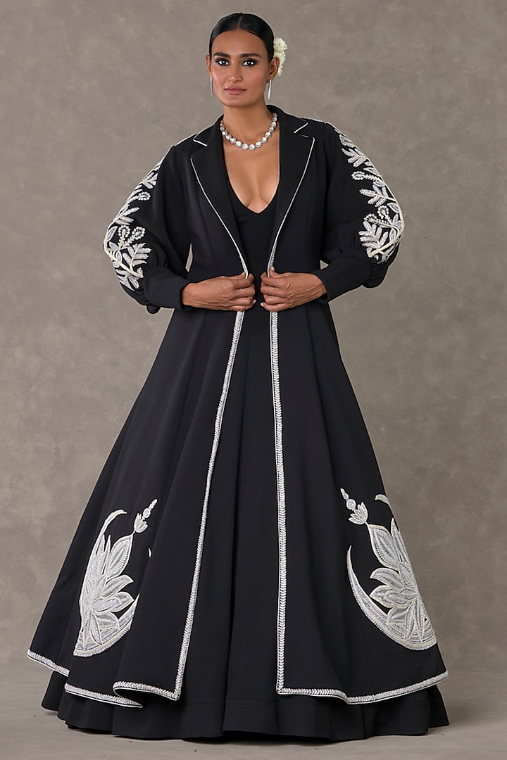 Black Textured Knit Gown With Embroidered Cape by Masaba at Pernia's Pop Up Shop