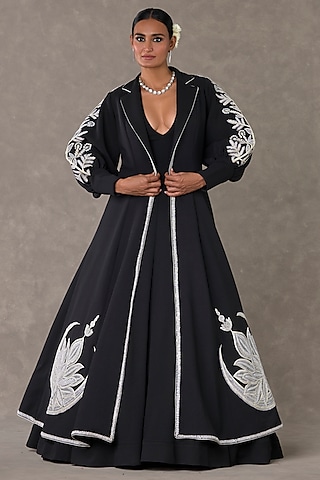 Black Textured Knit Gown With Embroidered Cape by Masaba